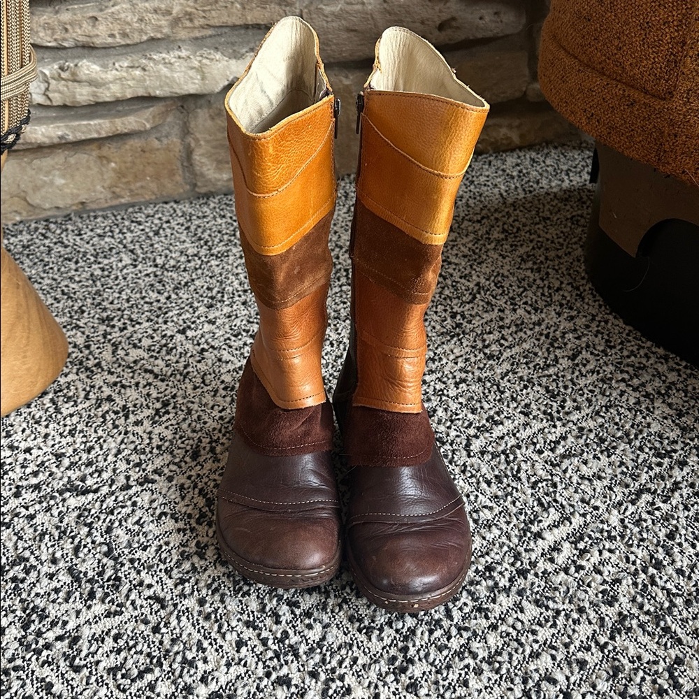 EL NATURALISTA LEATHER & SUEDE BOOTS PATCHWORK 38 Brown Handmade Mid Calf